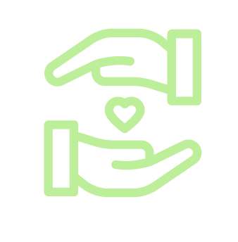 Green icon of 2 hands with a heart in the middle